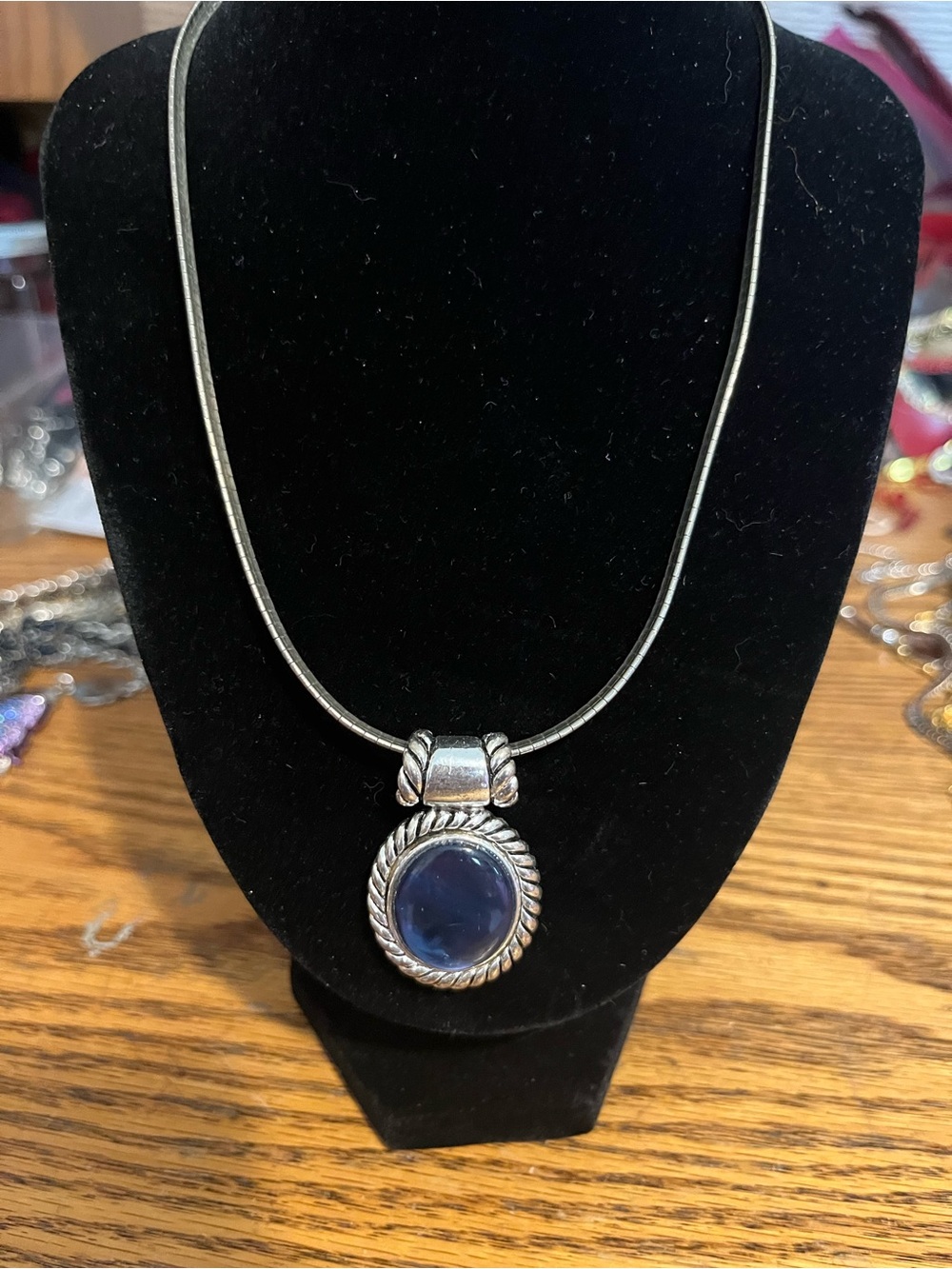 Silver-Tone Pendant Necklace with Blue Cabochon
